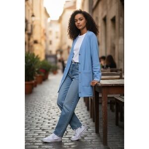 Zara Textured Button Front Cardigan Jacket Small NWT Blue Sweater Linen Blend